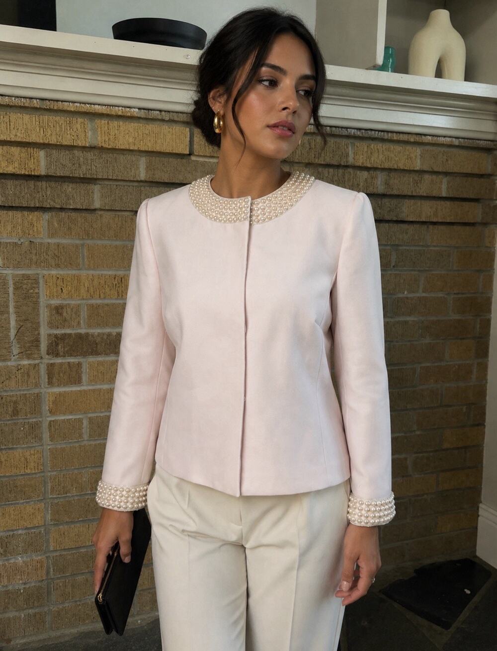 Tahari Women Blush Pink Embellished Blazer Jacket Sz 10p Jackie O 60s Mod Church